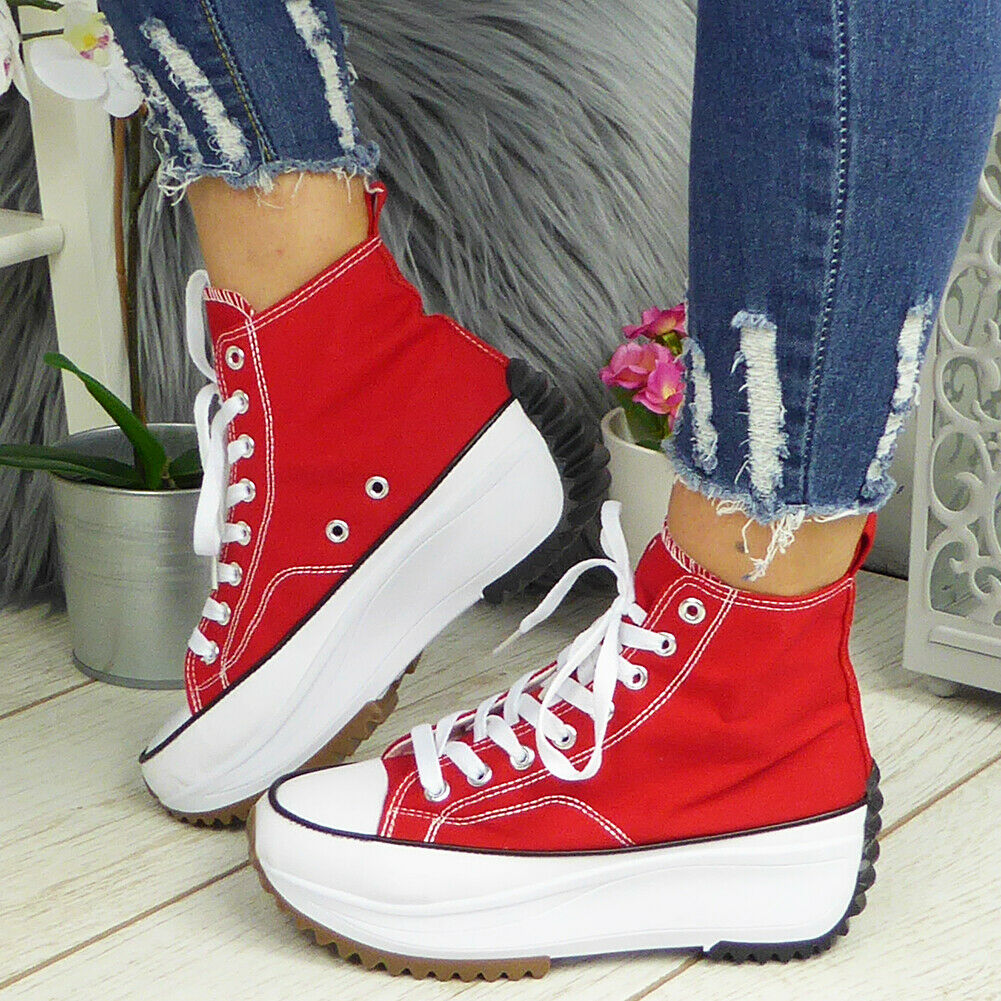 FERN Red Canvas Trainers Lace Up Casual Boots