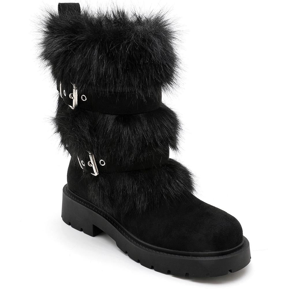 TILDA Black Mid Calf Faux Suede Buckle Comfy Grip Winter Boots