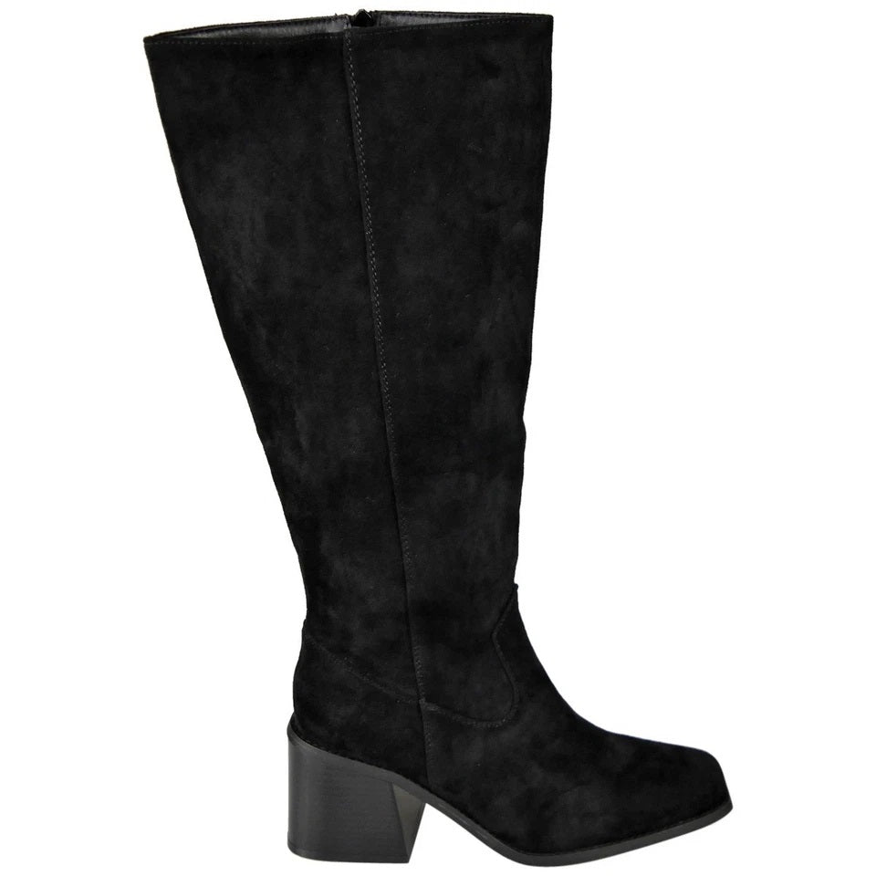 KINSLEY Black Ladies Mid Calf Square Toe Comfy Zip Wide Boots