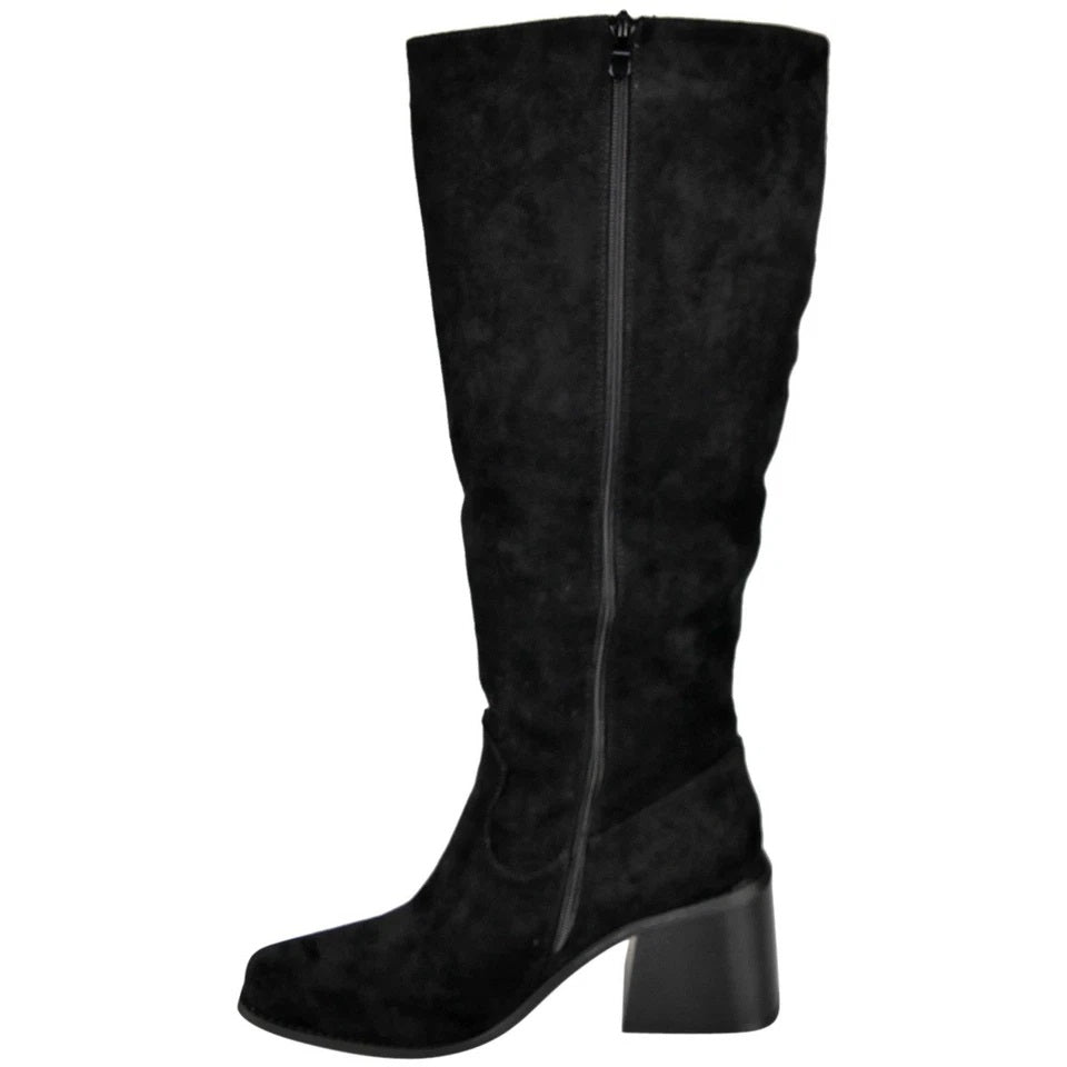 KINSLEY Black Ladies Mid Calf Square Toe Comfy Zip Wide Boots