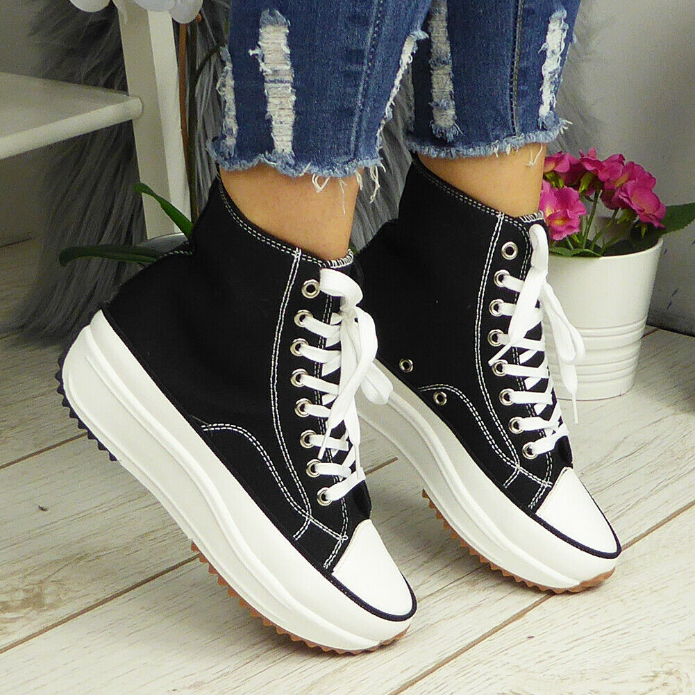FERN Black Canvas Trainers Lace Up Casual Boots