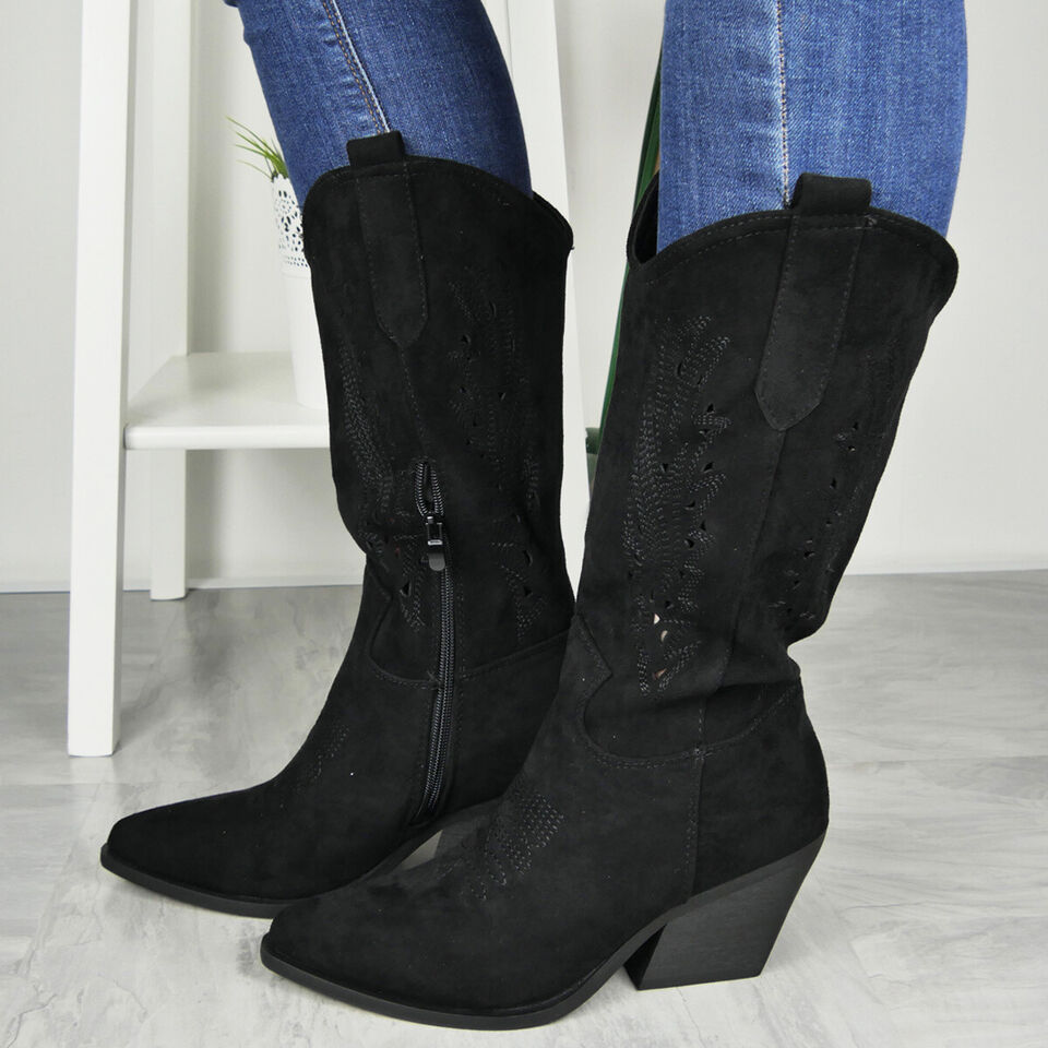 LUISA Black Cowboy Western Mid Calf Faux Suede Zip Boots