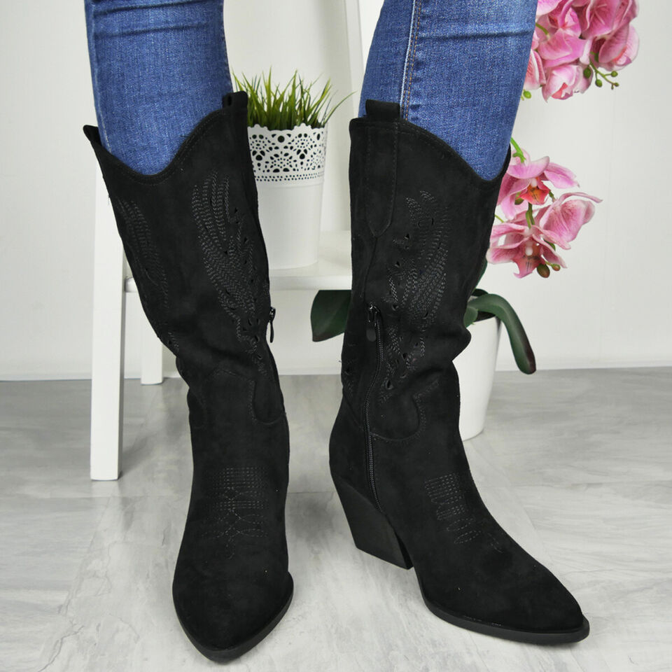LUISA Black Cowboy Western Mid Calf Faux Suede Zip Boots