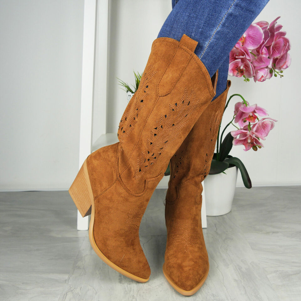 LUISA Camel Cowboy Western Mid Calf Faux Suede Zip Boots