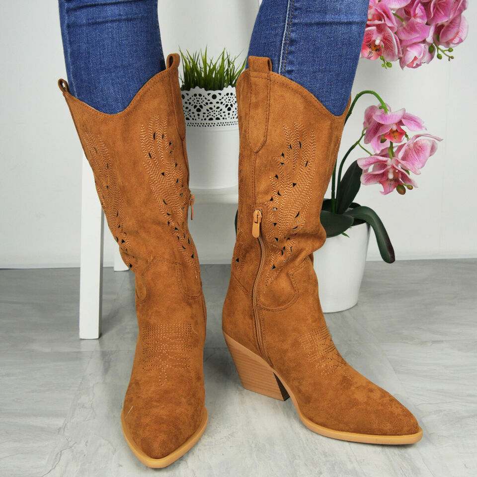 LUISA Camel Cowboy Western Mid Calf Faux Suede Zip Boots