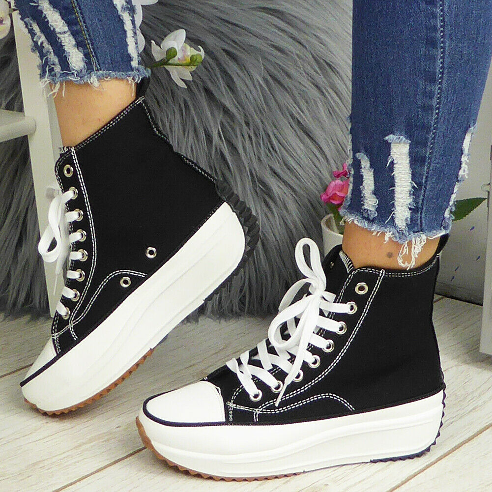 FERN Black Canvas Trainers Lace Up Casual Boots