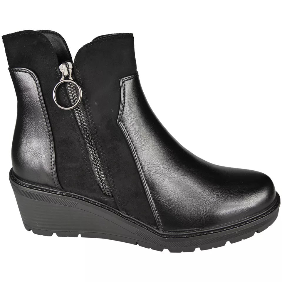 KATINKA Black Wedge Heel Zip Comfy Ankle Boots