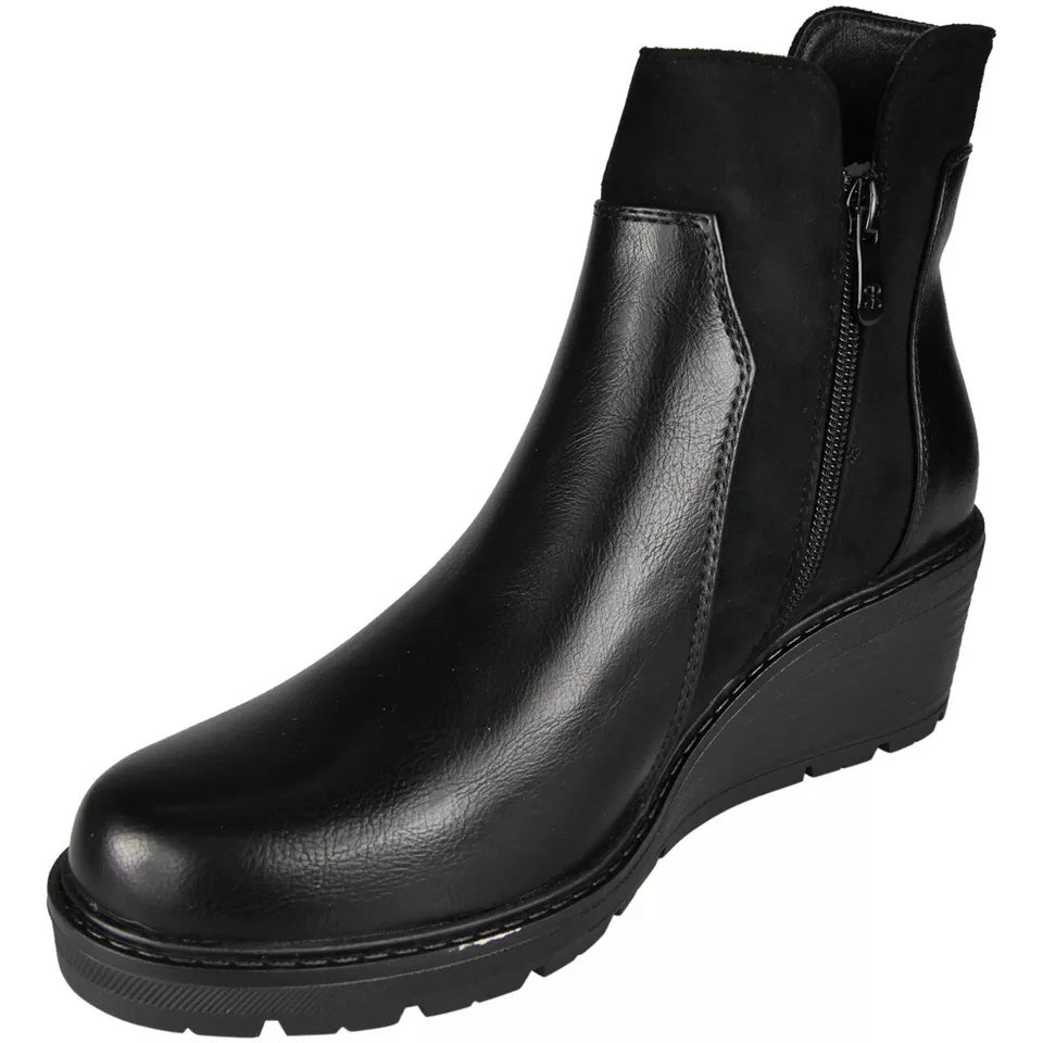 KATINKA Black Wedge Heel Zip Comfy Ankle Boots