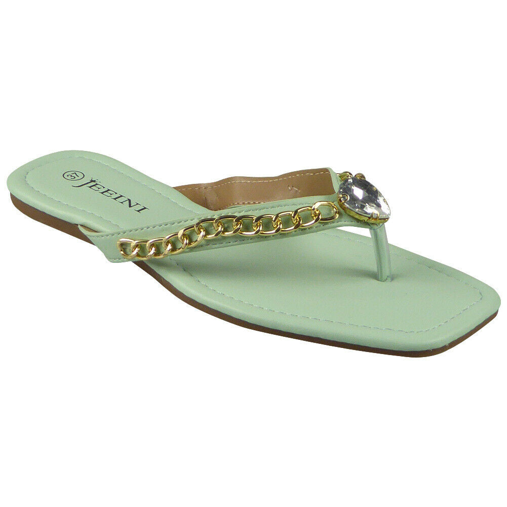 ZYKEEM Green Flip Flops Chain Flat Slippers