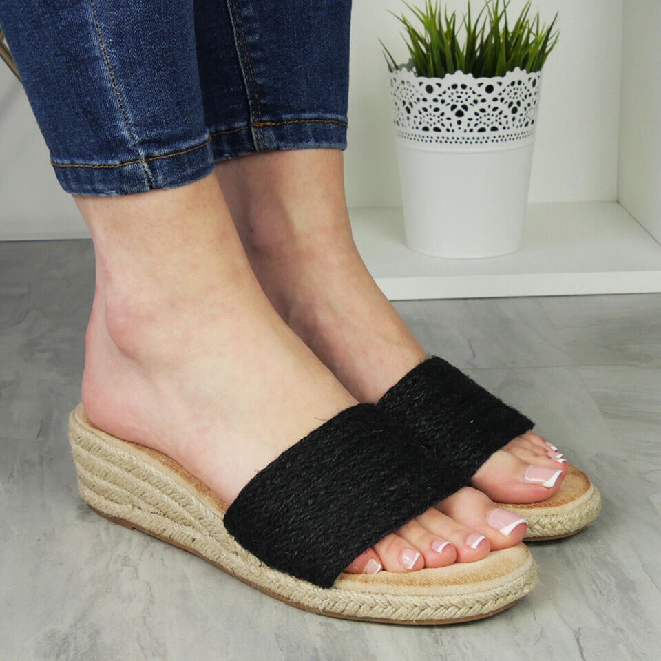 FLAVIA Black Wedge Sliders Mules Slip On Sandals