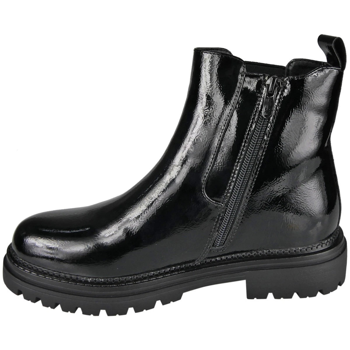 XENIA Black Patent Lined Zip Comfy Ankle Chelsea Boots
