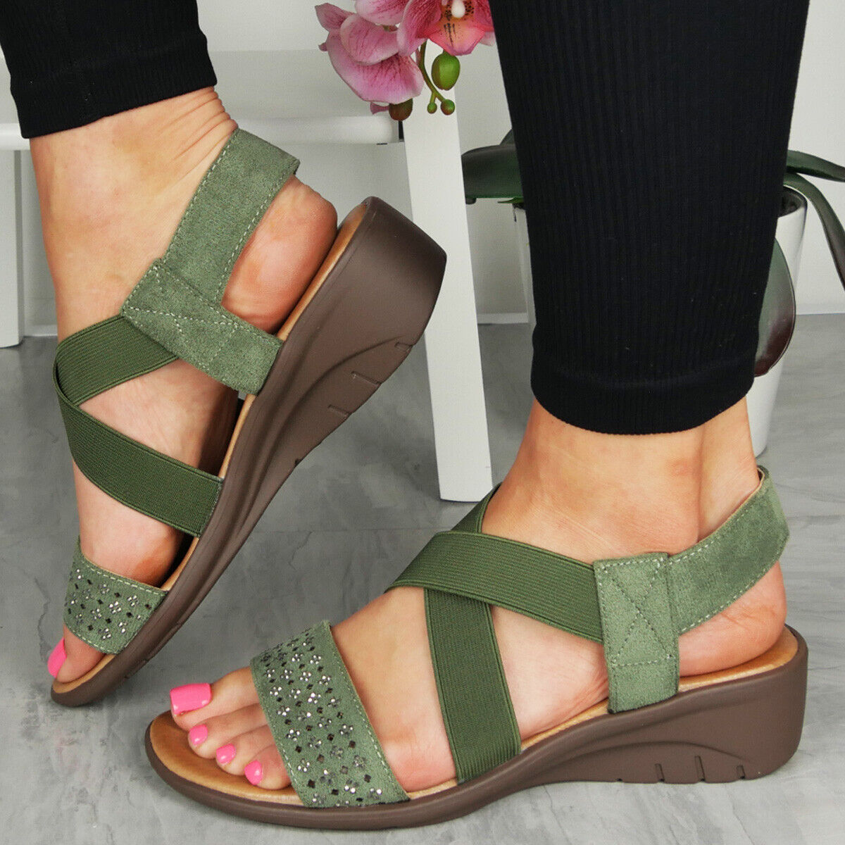 AVENA Green Wedge Open Toe Slingback Summer Sandals