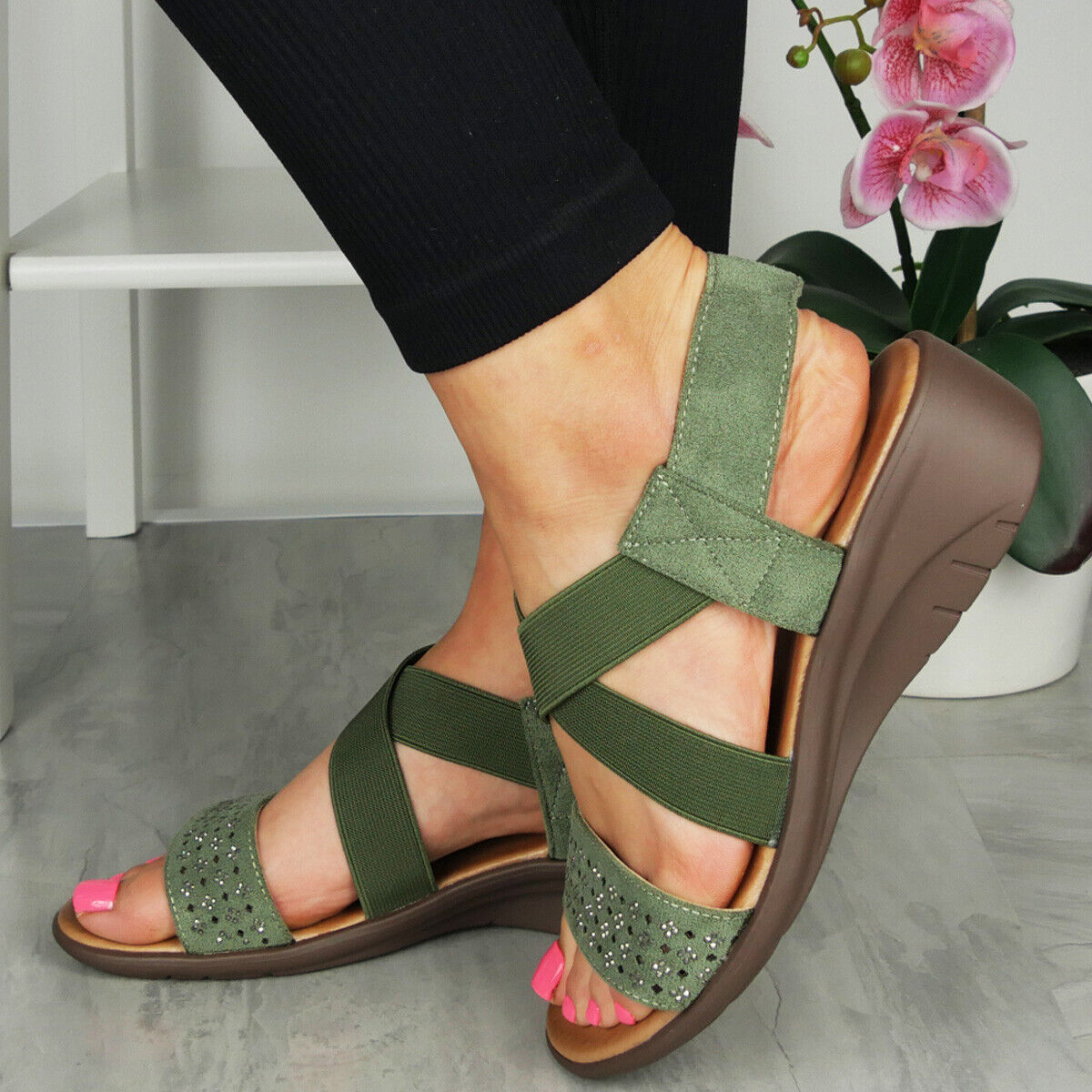 AVENA Green Wedge Open Toe Slingback Summer Sandals