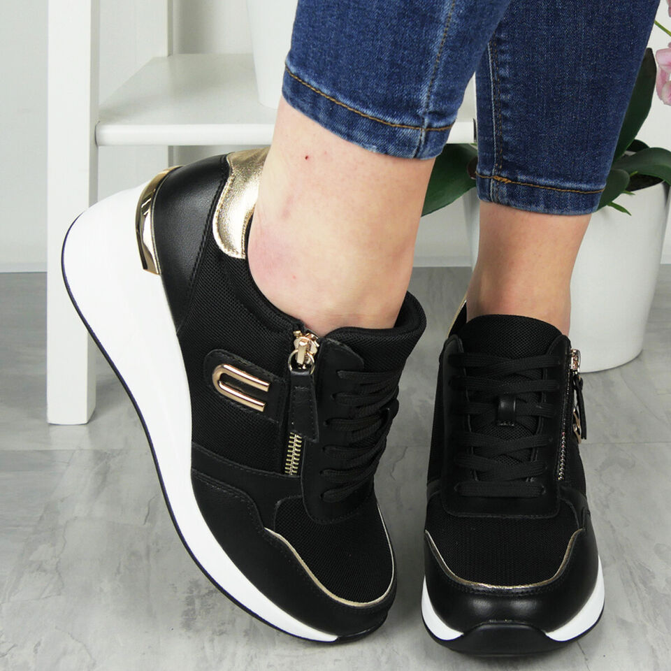 GRETA Black Wedge Trainers Lace Up Pumps Shoes