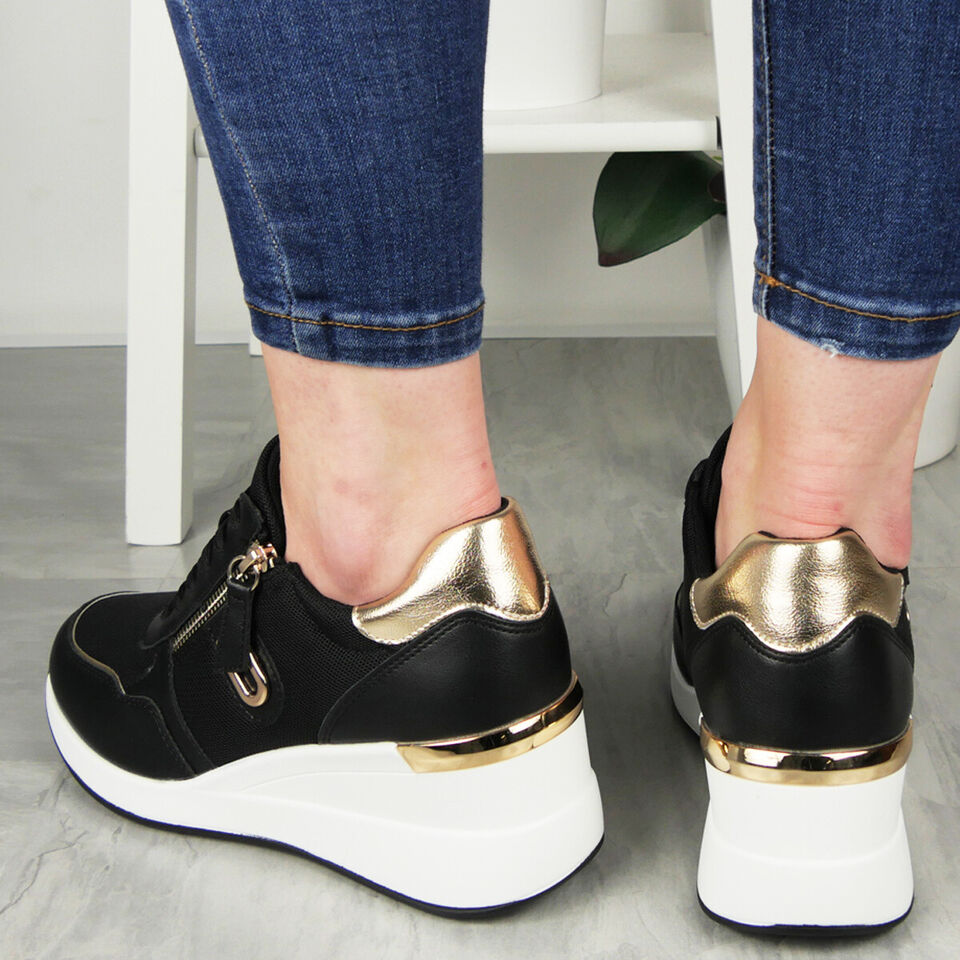 GRETA Black Wedge Trainers Lace Up Pumps Shoes