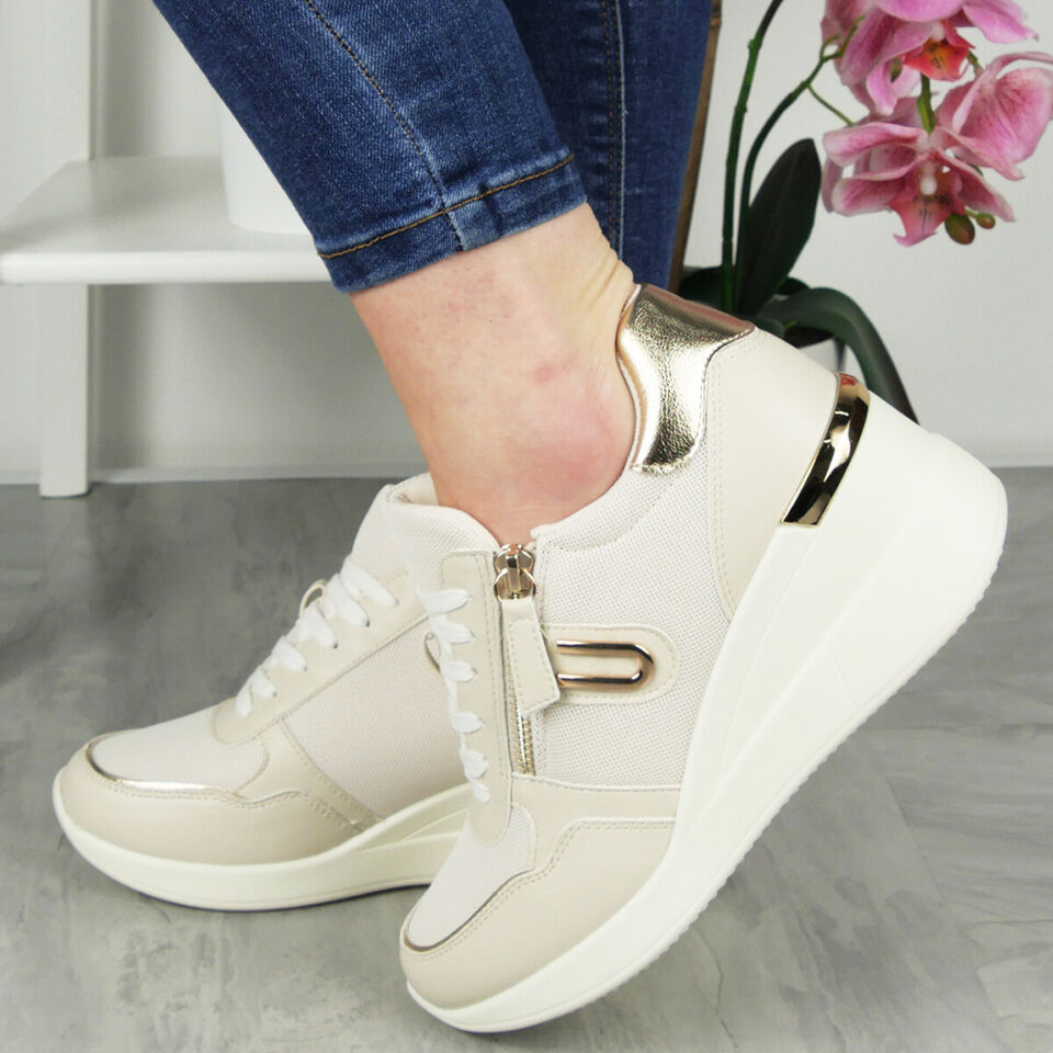 GRETA Beige Wedge Trainers Lace Up Pumps Shoes