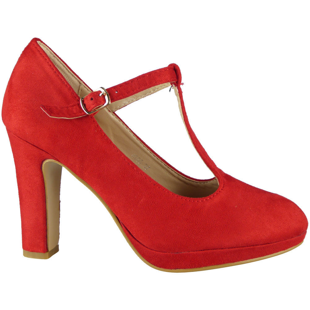 Dawna Red High Heel T-Bar Court Shoes