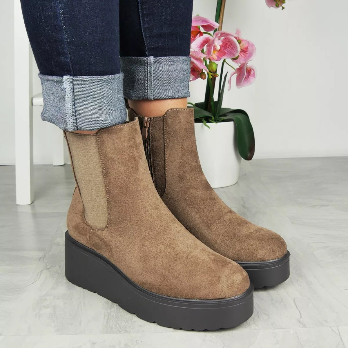 OLIVIA Khaki Ankle Wedge Chelsea Zip Boots