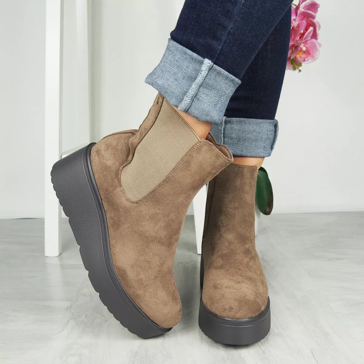 OLIVIA Khaki Ankle Wedge Chelsea Zip Boots
