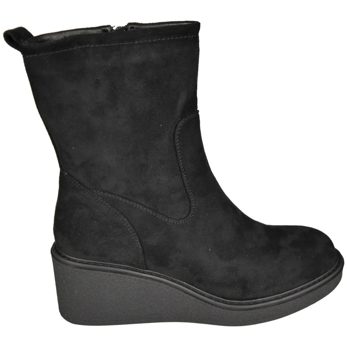 ETTA Black Mid Calf Faux Suede Wedge Comfy Zip Winter Boots