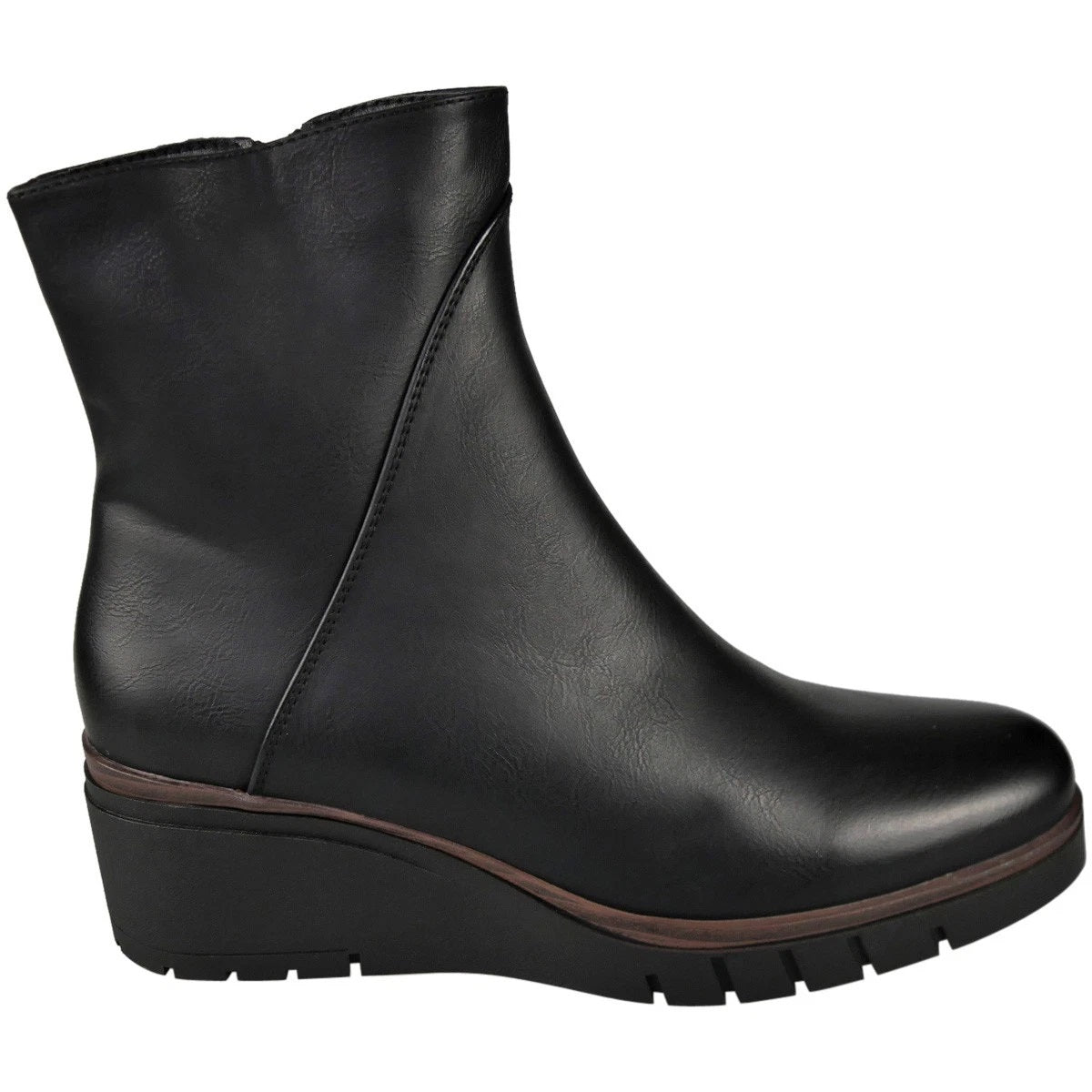 EMERSYN Black Faux Leather Comfy Lined Wedge Ankle Boots