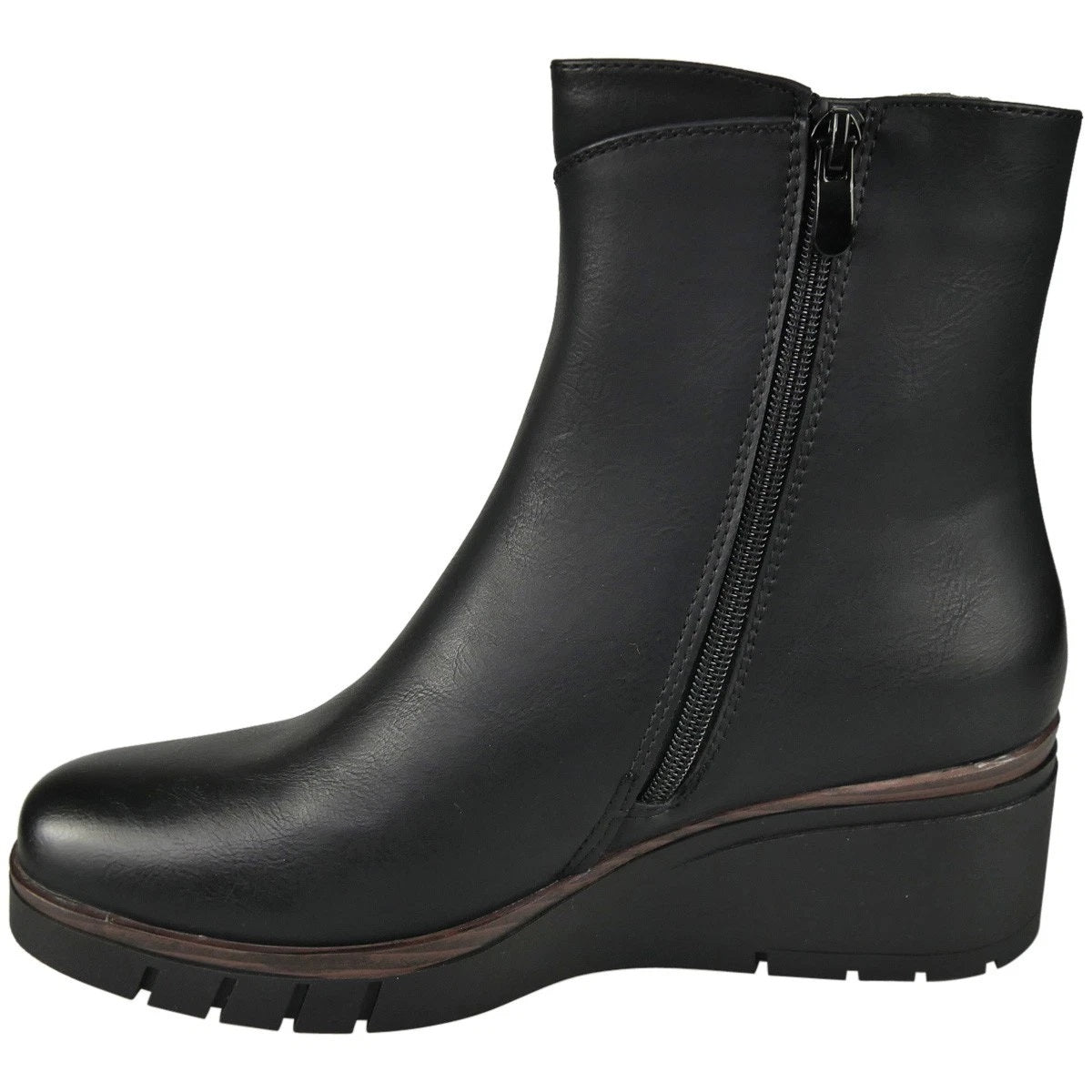 EMERSYN Black Faux Leather Comfy Lined Wedge Ankle Boots