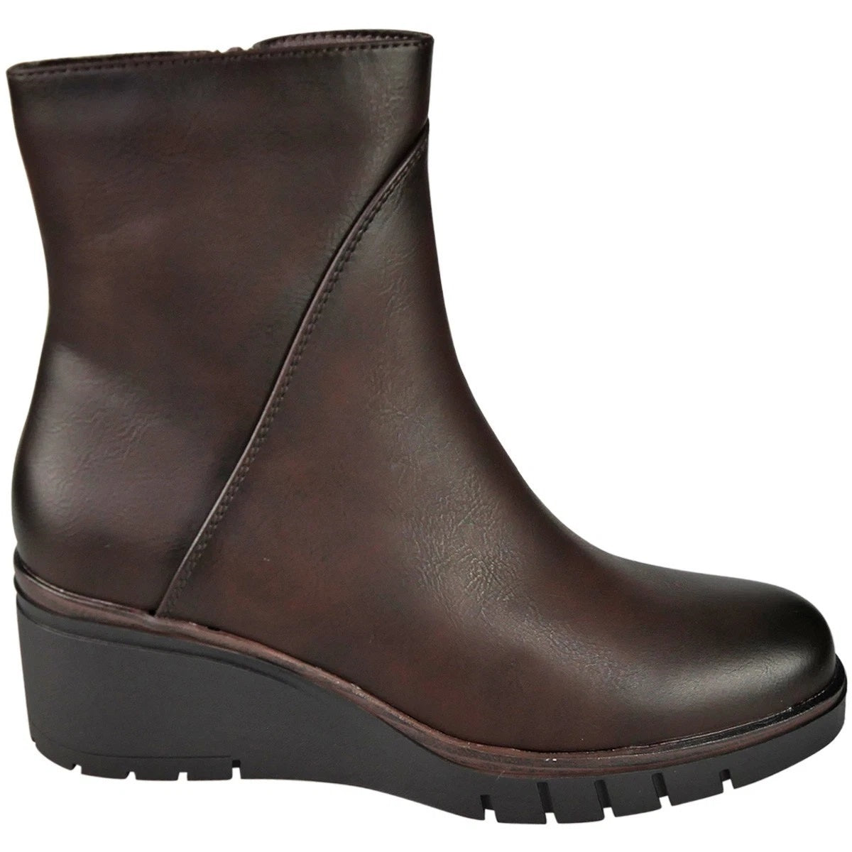 EMERSYN Brown Faux Leather Comfy Lined Wedge Ankle Boots