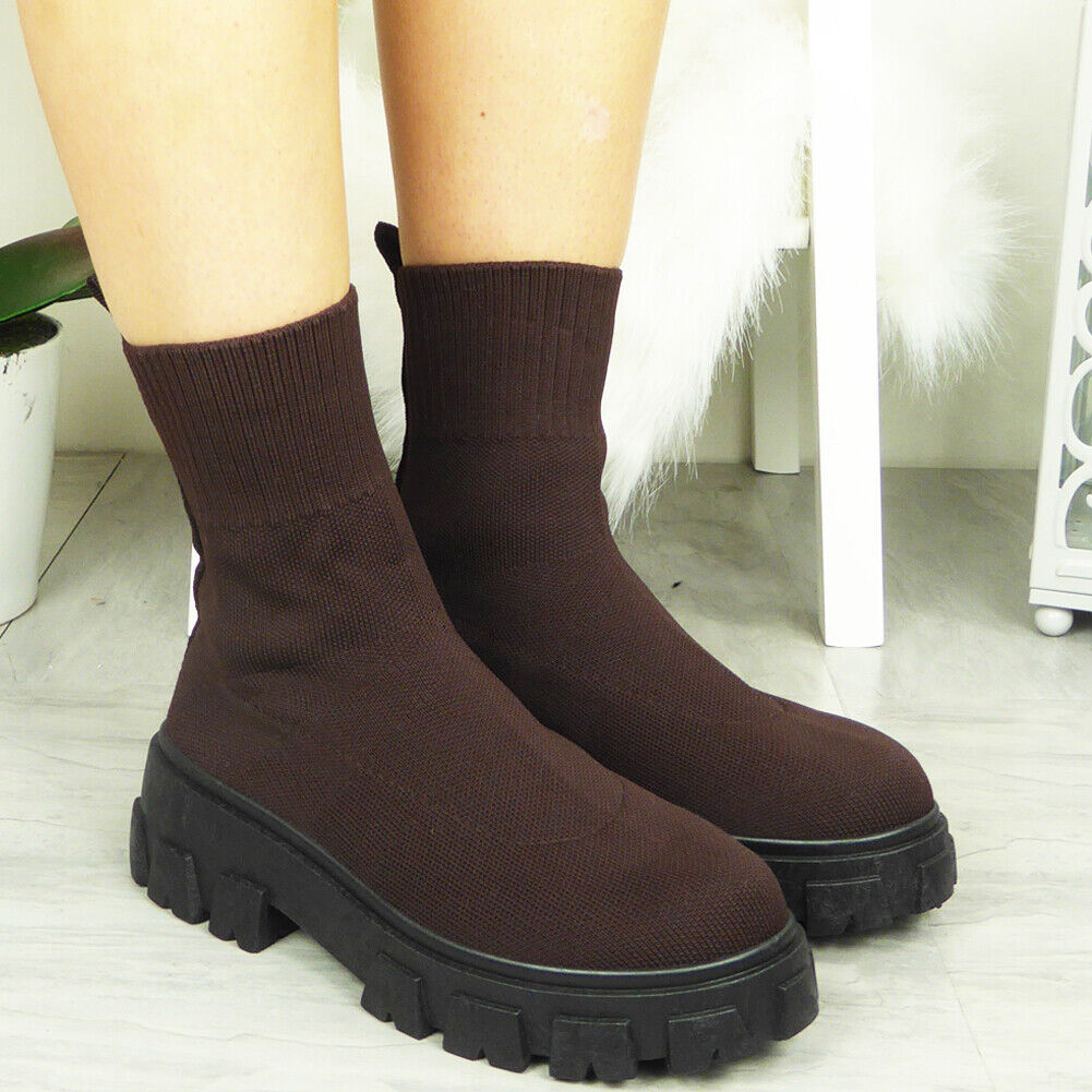 RIFKA Brown Sock Ankle Mid Calf Boots