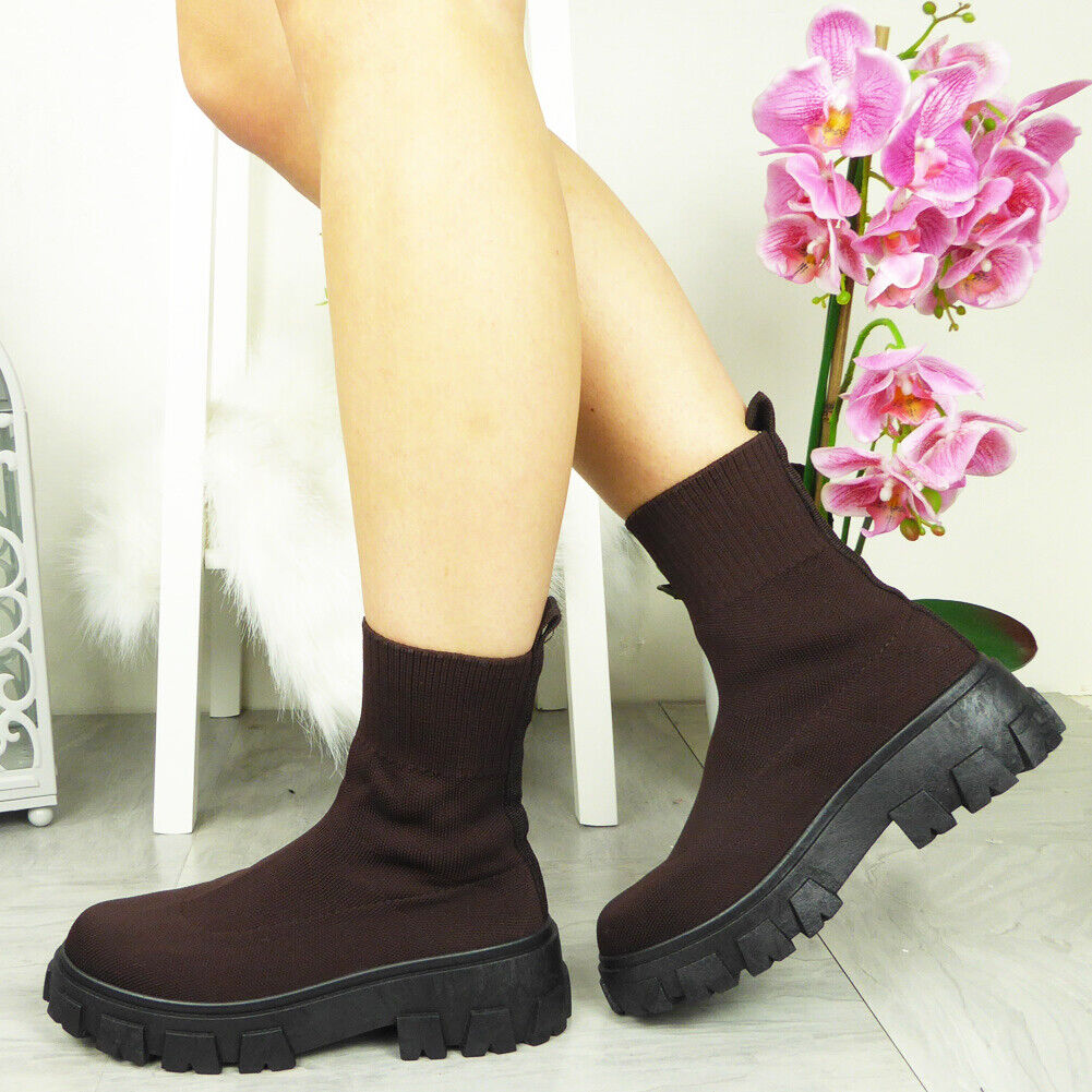 RIFKA Brown Sock Ankle Mid Calf Boots