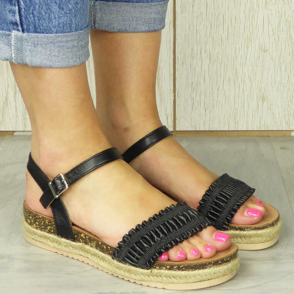 MITZI Black Strappy Hessian Buckle Sandals