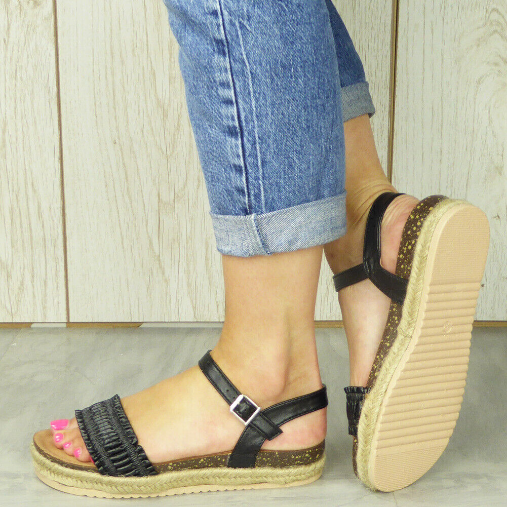 MITZI Black Strappy Hessian Buckle Sandals