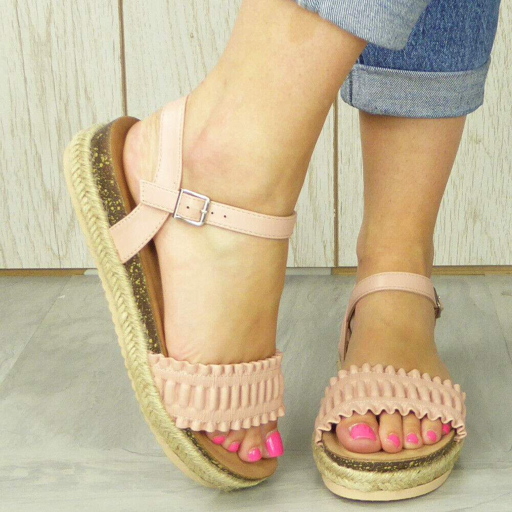 MITZI Pink Strappy Hessian Buckle Sandals