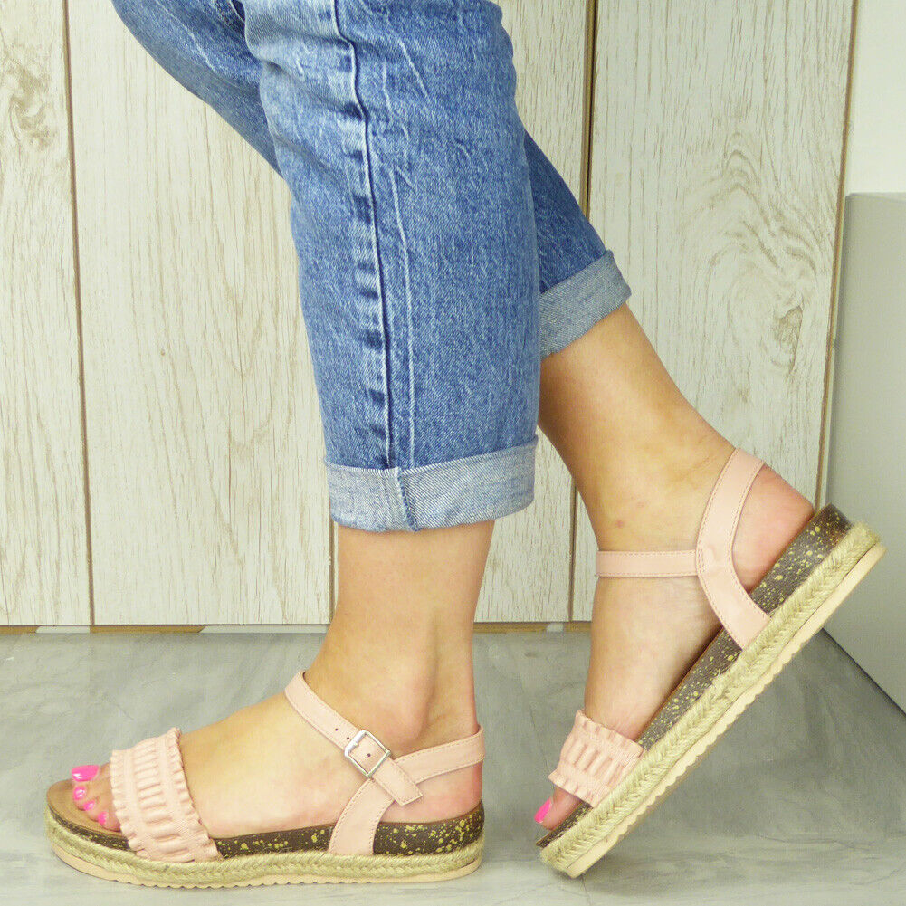 MITZI Pink Strappy Hessian Buckle Sandals