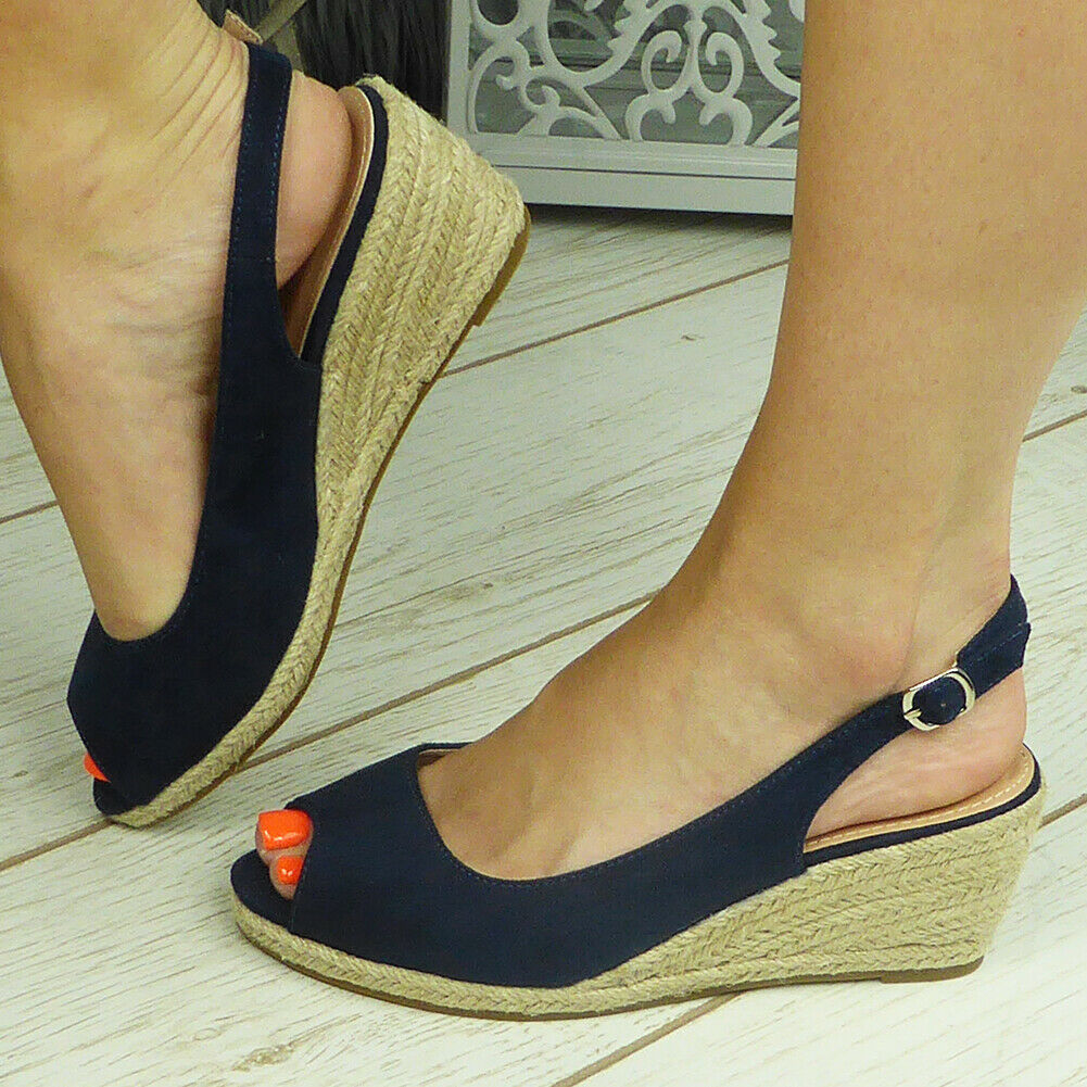 AFFAN Navy Espadrilles Slingback Wedge Sandals