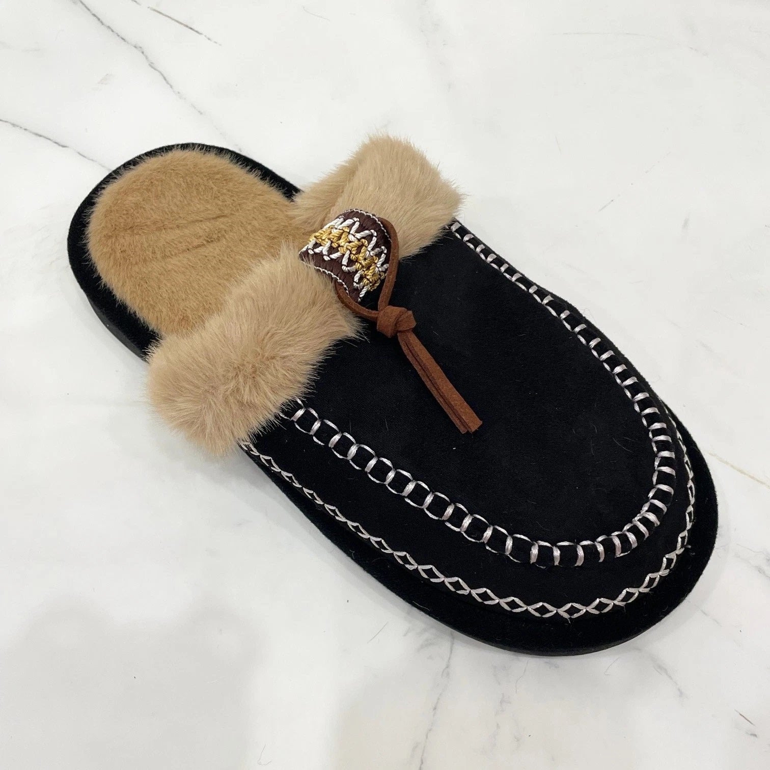 SUTTON Black Faux Fur Slip On Warm Lined In Out Door Slippers