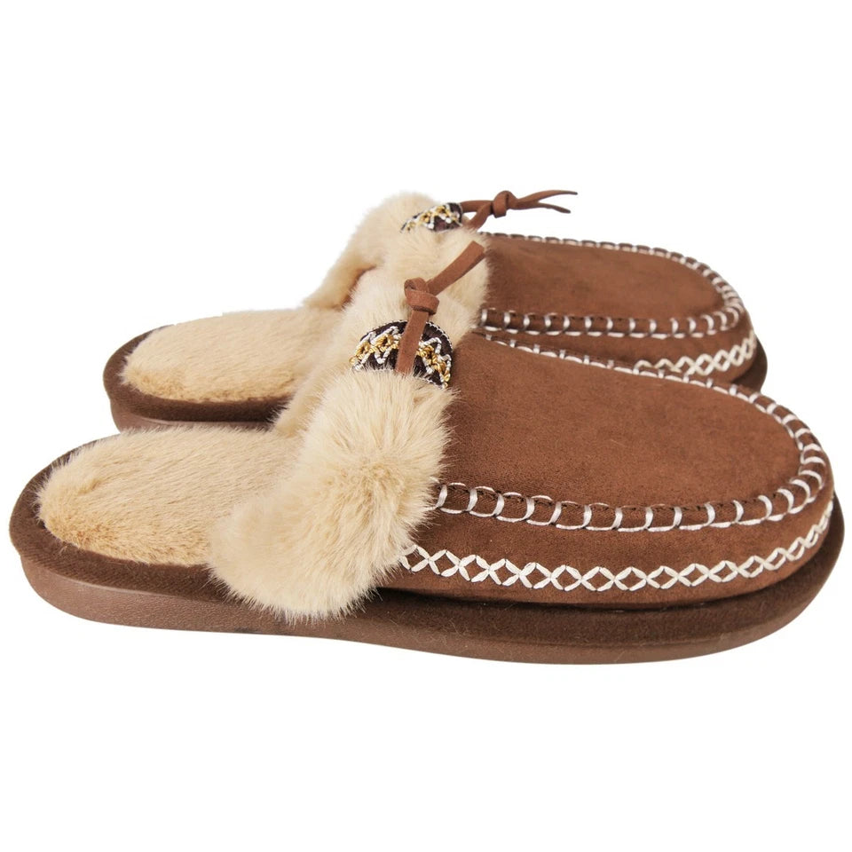 SUTTON Brown Faux Fur Slip On Warm Lined In Out Door Slippers