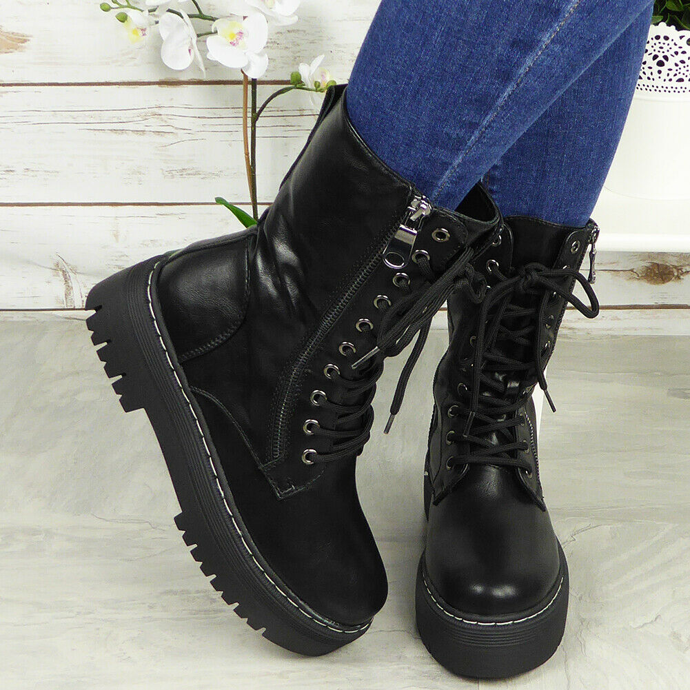 Thora Black Ankle Lace Up Zip Biker  Boots
