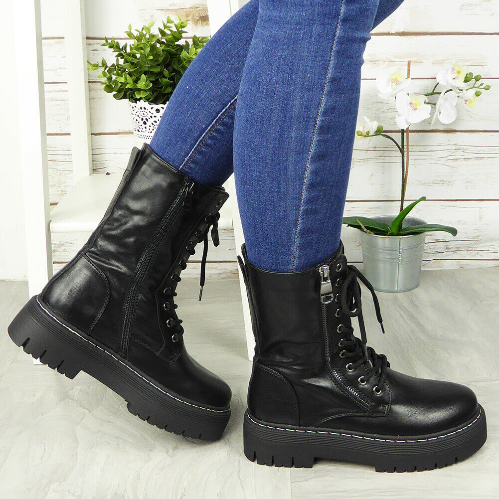 Thora Black Ankle Lace Up Zip Biker  Boots