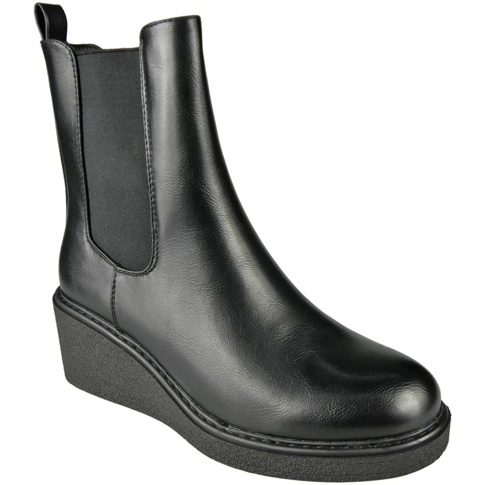 BRYONY Black Faux Leather Ankle Wedge Chelsea Winter Lined Boots