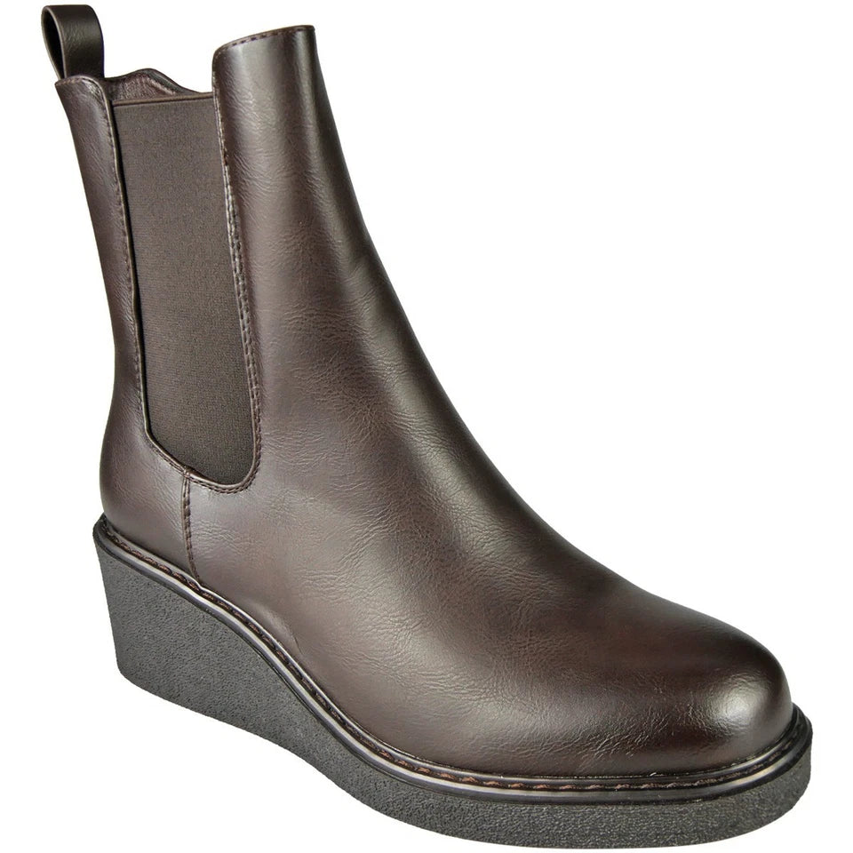 BRYONY Brown Faux Leather Ankle Wedge Chelsea Winter Lined Boots