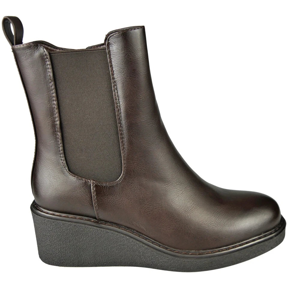 BRYONY Brown Faux Leather Ankle Wedge Chelsea Winter Lined Boots