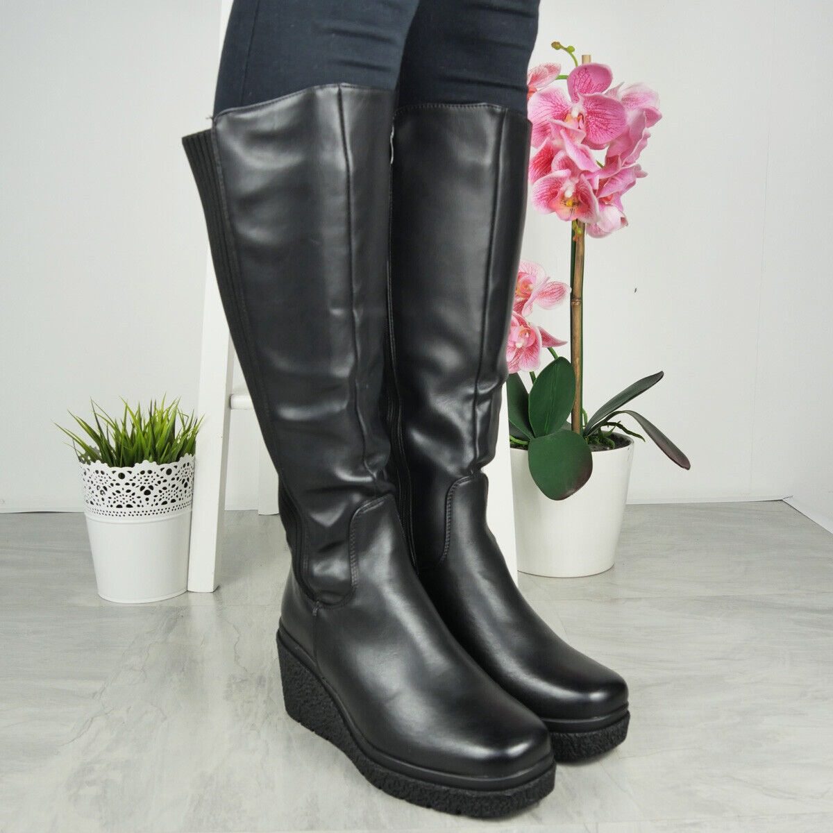 NICOLE Black Pu Wedge Platform Biker Rider Zip Boots
