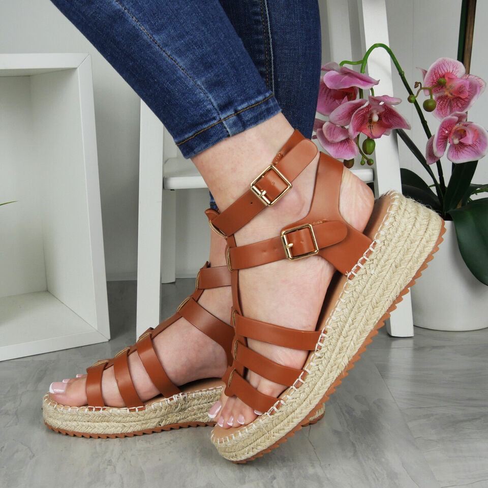 RICI Camel Wedge Hessian Gladiator Comfy Summer Sandals