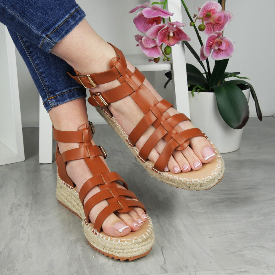RICI Camel Wedge Hessian Gladiator Comfy Summer Sandals