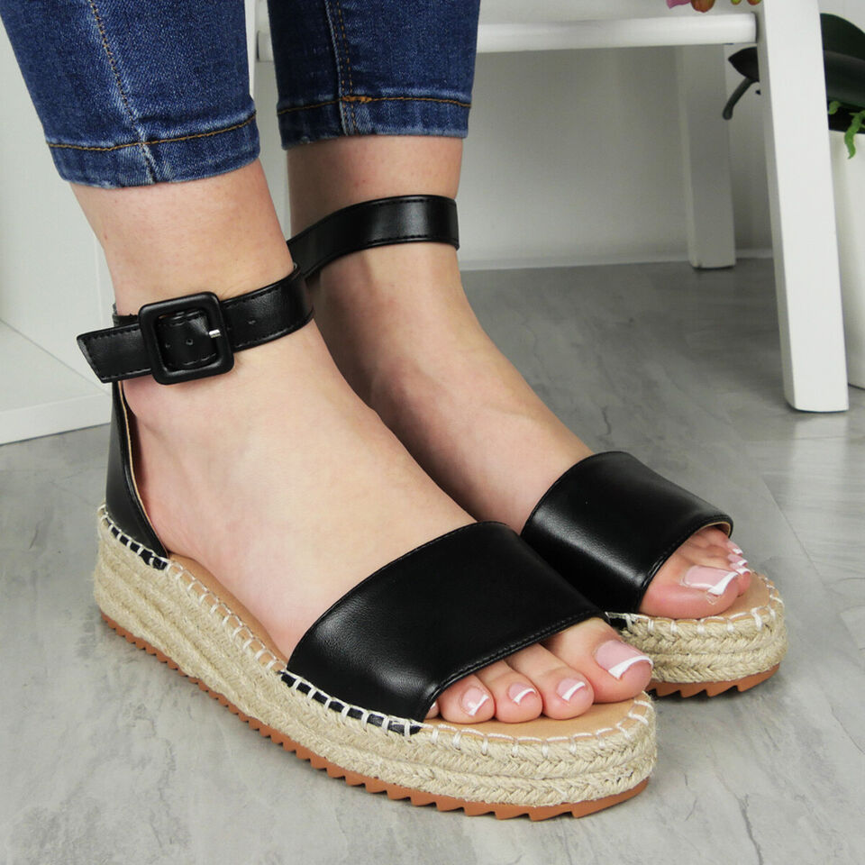 SILVANA Black Wedge Hessian Buckle Cushioned Summer Sandals