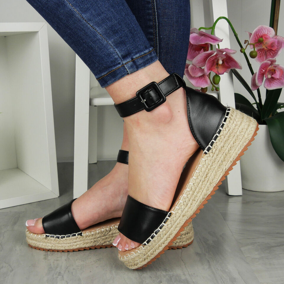 SILVANA Black Wedge Hessian Buckle Cushioned Summer Sandals