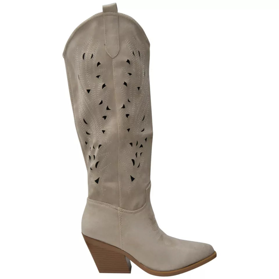 PHILIPPA Beige Below Knee Western Cowboy Boots