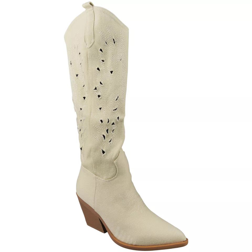 PHILIPPA Beige Jean Below Knee Western Cowboy Boots
