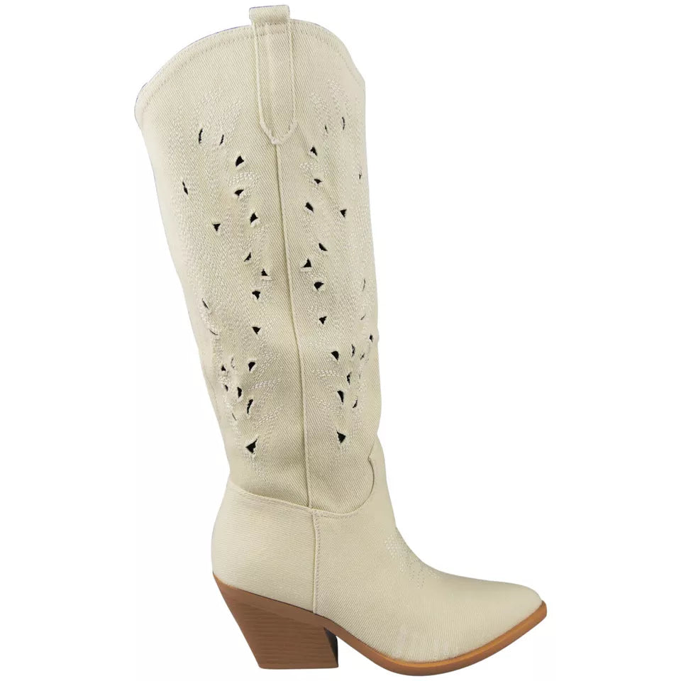 PHILIPPA Beige Jean Below Knee Western Cowboy Boots