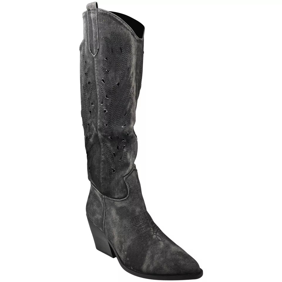 PHILIPPA Black Jean Below Knee Western Cowboy Boots